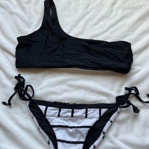 Black one shoulder, size M, black/white striped tie bottoms size 8 fits small